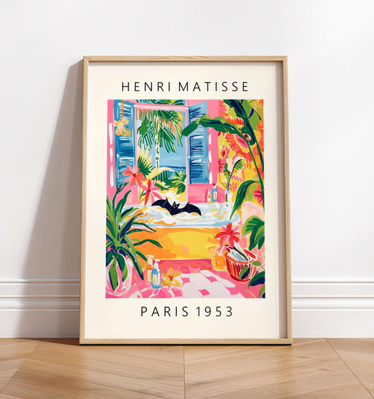 Funny bat art print, Pink wall art, Matisse poster, Bathroom decor