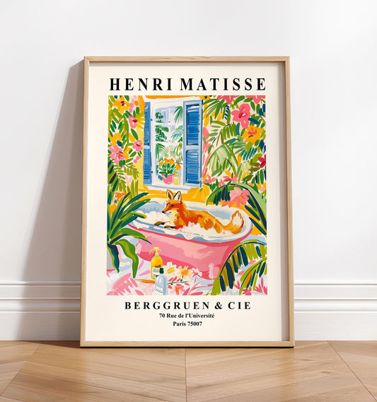 Fox in bathtub funny poster, Mid century wall art, Matisse art print, Pink tropical bathroom decor