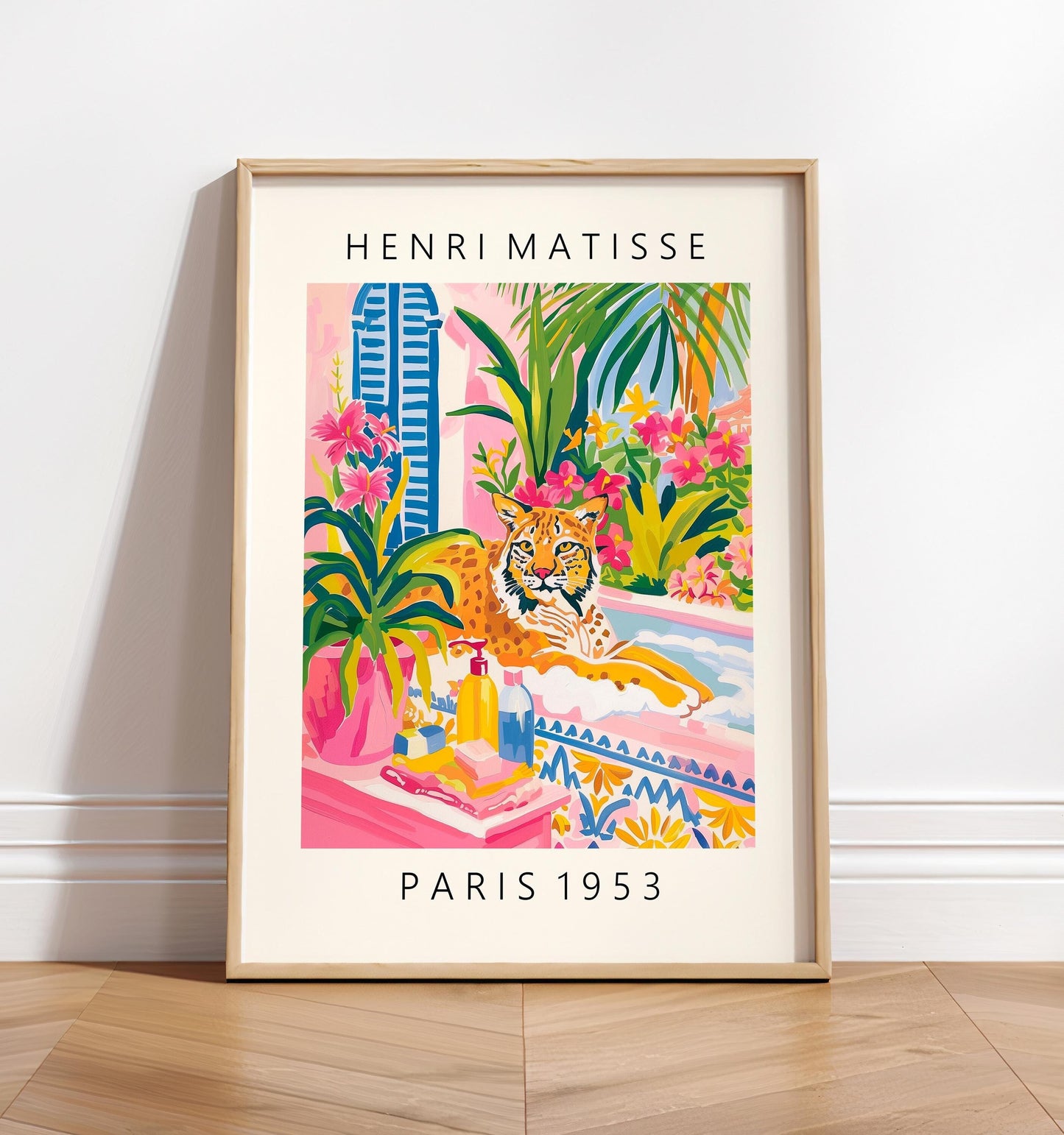 Lynx in bathtub funny poster, Matisse art print, Bathroom decor, Pink tropical wall art, Animal print