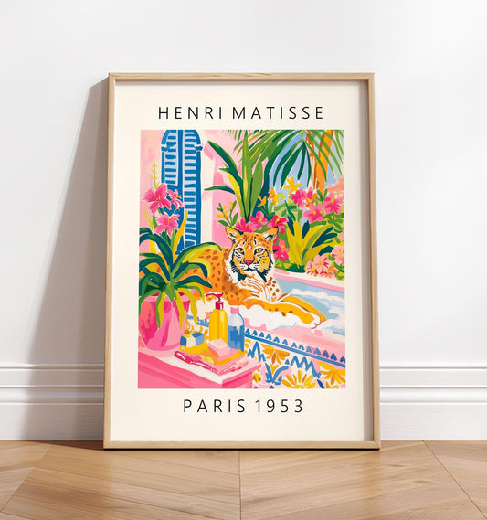 Lynx in bathtub funny poster, Matisse art print, Bathroom decor, Pink tropical wall art, Animal print