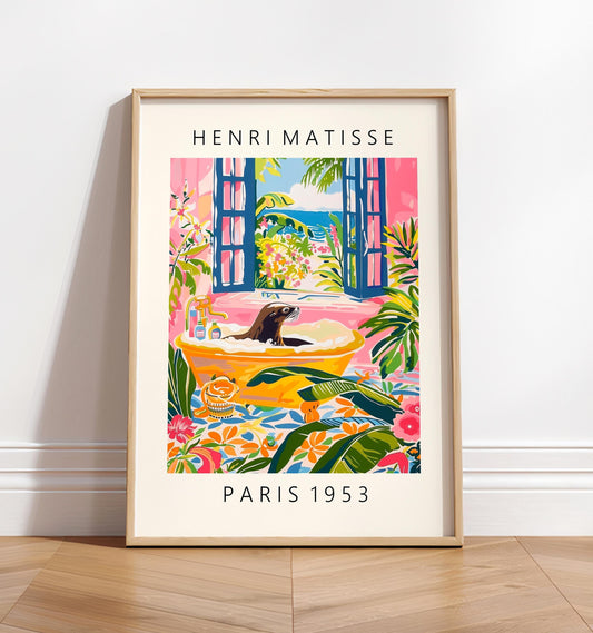 Sea lion in bathtub funny poster, Matisse art, Pink tropical decor, Bathroom wall art, Beach house print