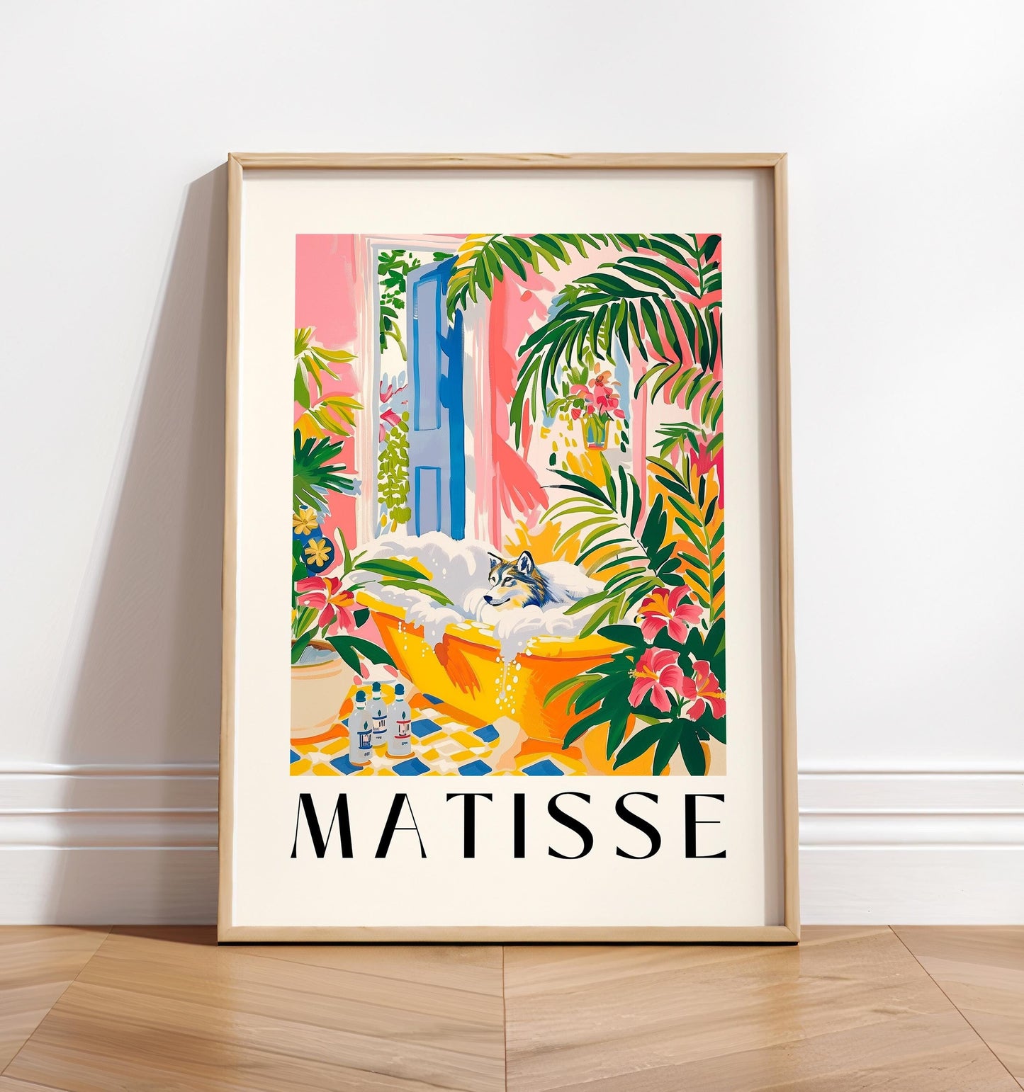 Wolf in bathtub funny poster, Matisse art print, Mid century art, Pink tropical bathroom decor