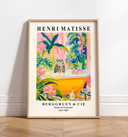 Owl in bathtub print, Henri Matisse art, Bird lover gift, Pink poster, Funky decor, Pink bathroom wall art