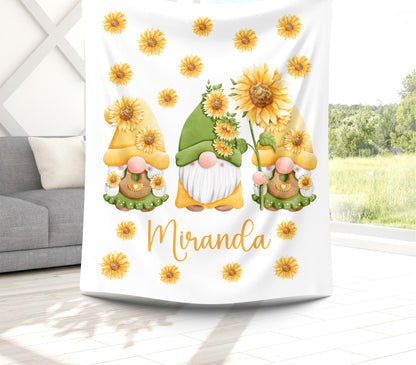 Sunflower gnome blanket, cute gnome blanket, cute sunflower gnome blanket, personalized sunflower blanket, personalized gnome blanket