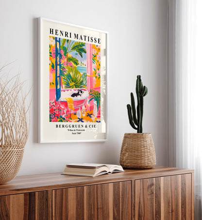 Badger in bathtub, Matisse print, Bathroom decor, Animal poster, Pink wall art, Midcentury poster