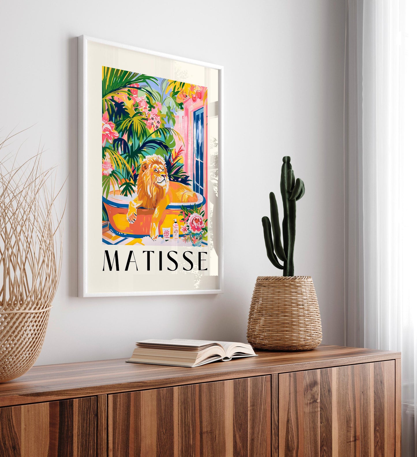 Cute lion print, Pink bathroom decor, Matisse poster, Animal wall art, Funky decor, Safari art print