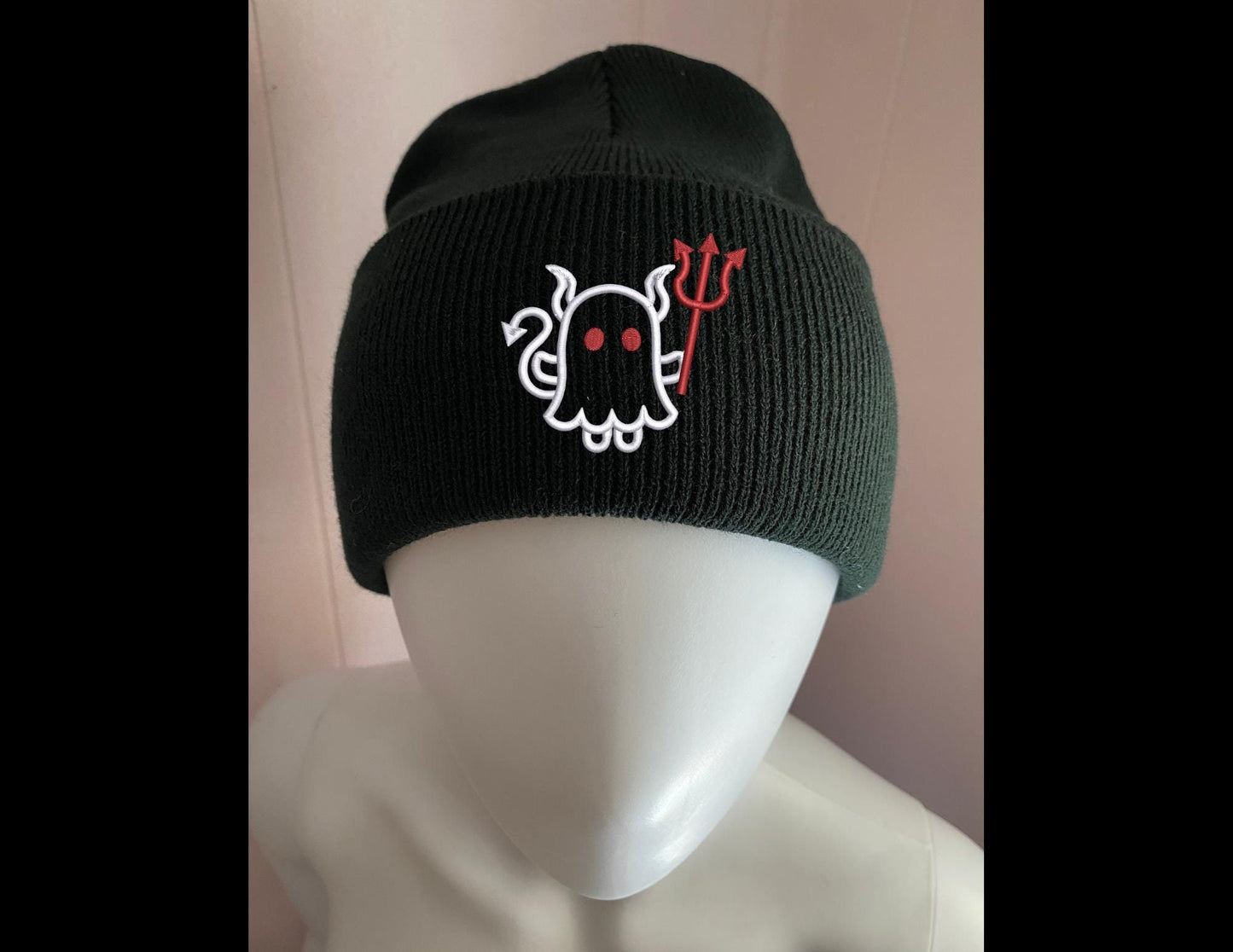 Embroidered Cute Ghost Devil w Pitchfork Beanie, Gift for Halloween, Spooky Casual Halloween Winter Wear, Simple Cute Winter Hat