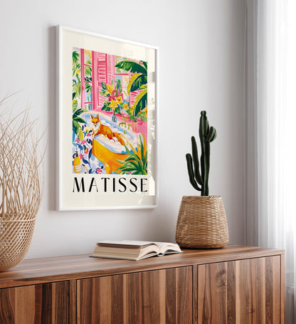 Fox in bathtub inspired by Matisse art, Pink tropical bathroom decor, Mid century wall art, Funny poster