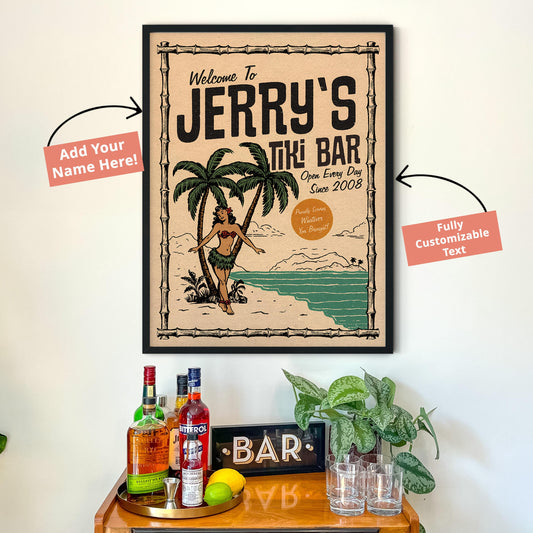 Tiki Bar Sign, Vintage Cocktail Poster, Bar Cart Decor | Bar Cart Prints | Custom Tiki Bar Decor, Personalized Cocktail Wall Art
