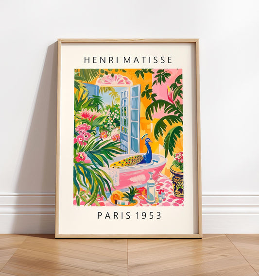 Peacock in bathtub art print, Pink maximalist decor, Matisse poster, Tropical print, Bathroom wall art, Bird art print