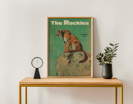 Vintage Mountain Lion Print, Retro Outdoors Poster, Cougar Poster, Cabin Cottage Wall Art, Outdoor Sports, Dad For him Gift, Rocky Mountains