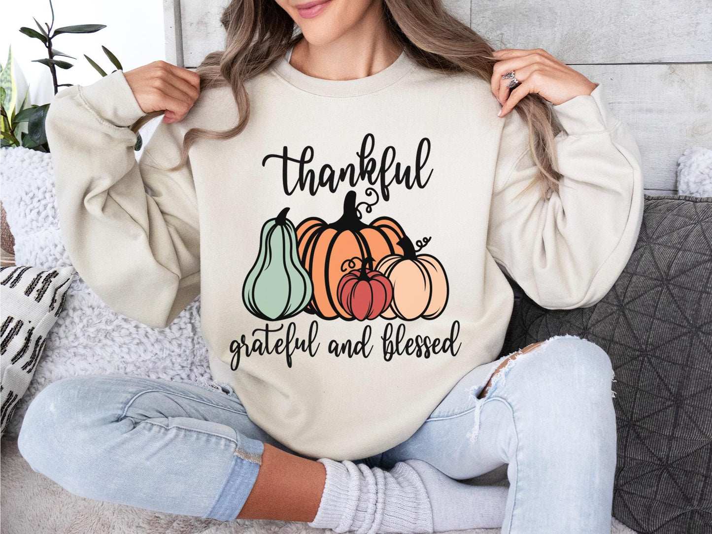 Thankful Grateful Blessed Sweatshirt And T-shirt, Vintage Cartoon Shirs, Spooky Season, Halloween Gift For Her, Cartoon lover, Pumpkin