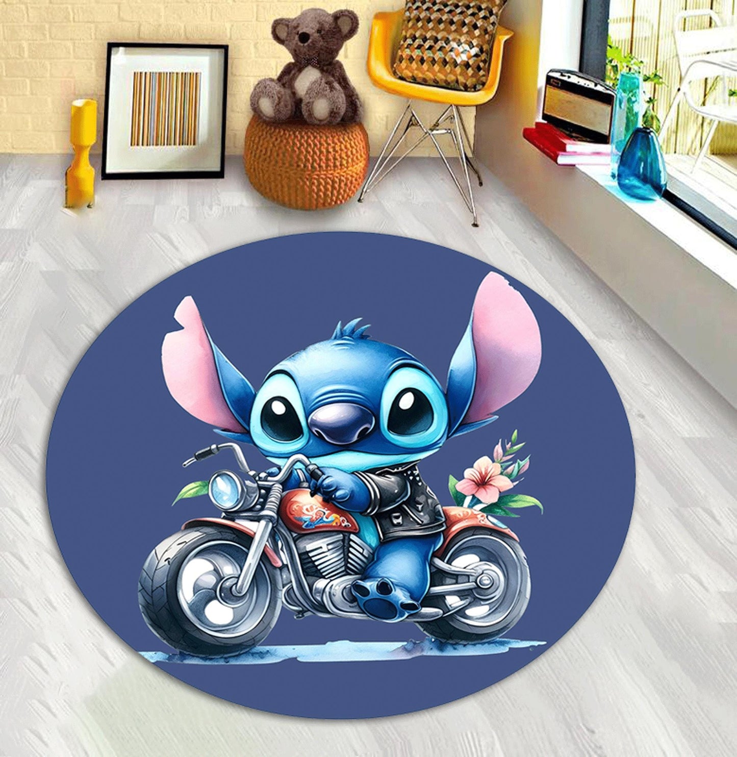 Angel and stitch love, Donut eating stitch, Motorcycle stitch, Stitch rug,stitch game, Strawberry milkshake drinking stitch, Custom rug