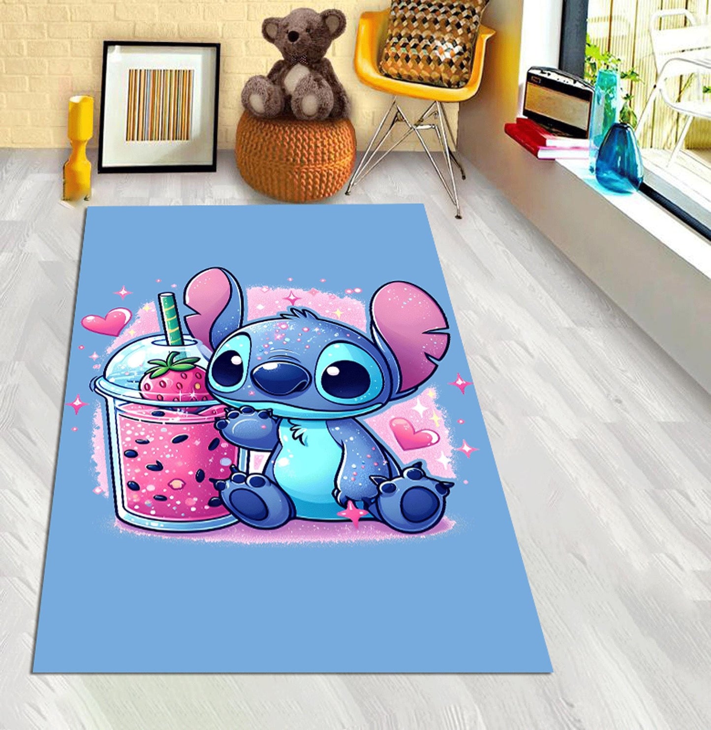 Angel and stitch love, Donut eating stitch, Motorcycle stitch, Stitch rug,stitch game, Strawberry milkshake drinking stitch, Custom rug
