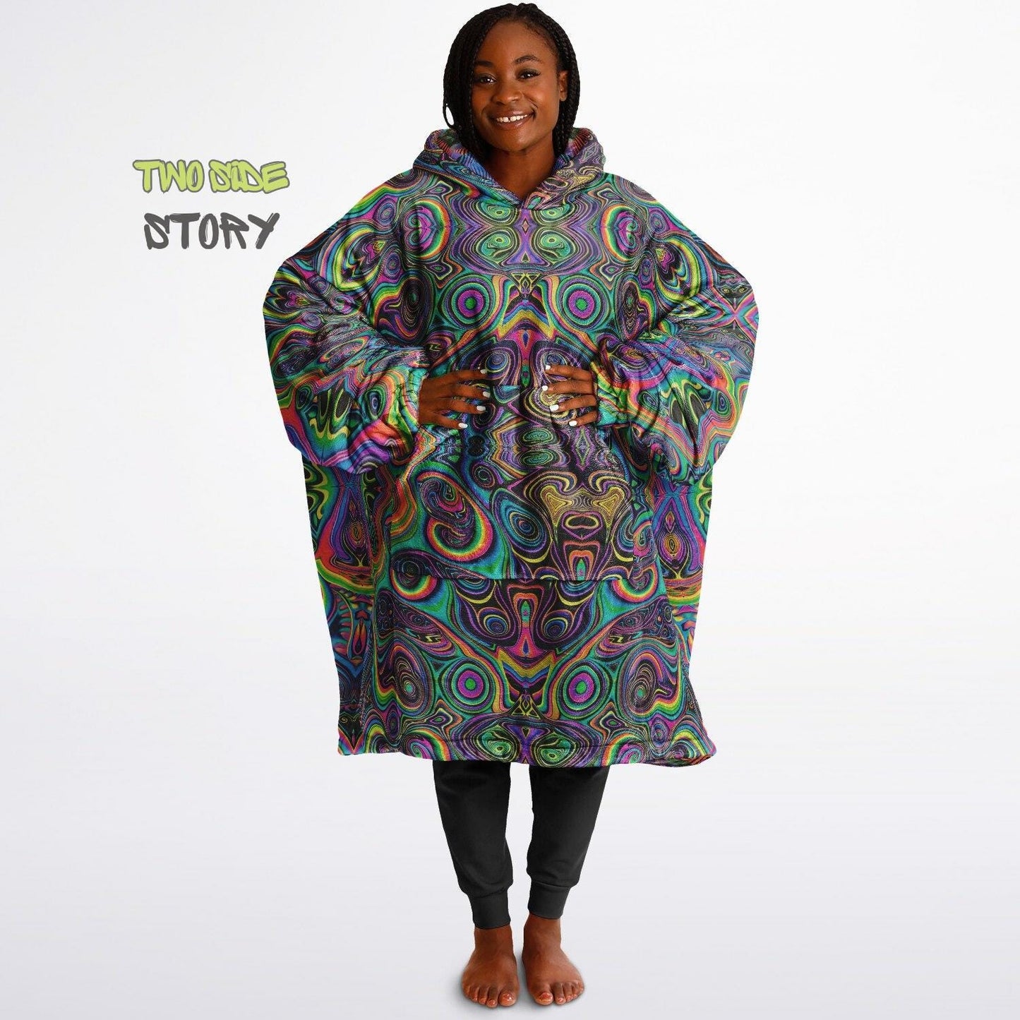 Psychedelic Trippy Print Reversible Snug Hoodie,Pullover Hood Blanket with Sleeves,Lounge Wear, Novelty Birthday Christmas Gifts for Him Her