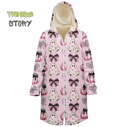 Fun Bow Halloween Print Microfleece Zipper Jacket,Unisex Coquette Hoodie Cloak, Creative Gift for Her, Unique Gift, Christmas Birthday Gifts