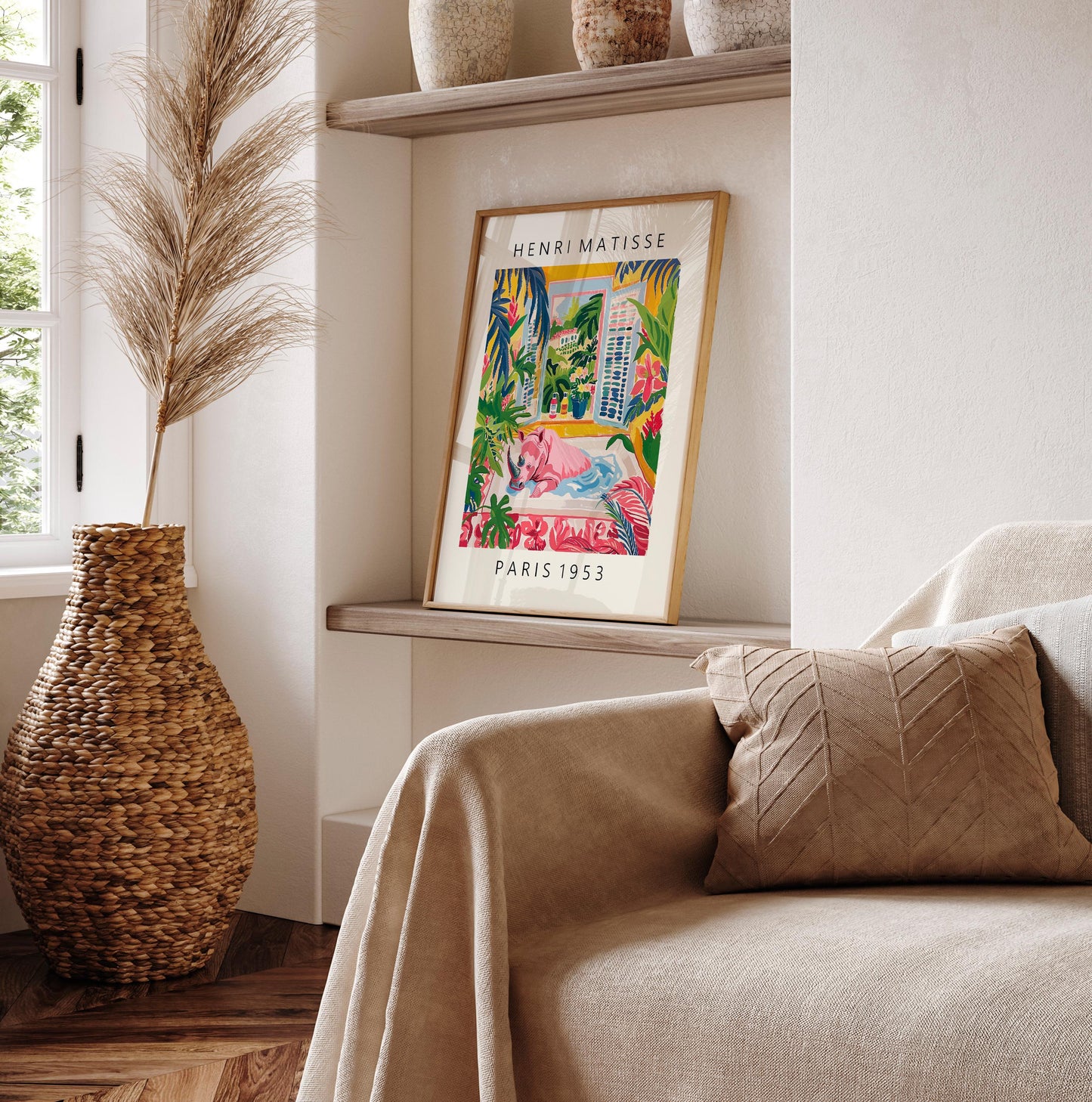 Rhino in bathtub art print, Matisse poster, Bathroom decor, Pink tropical wall art, Safari animal print