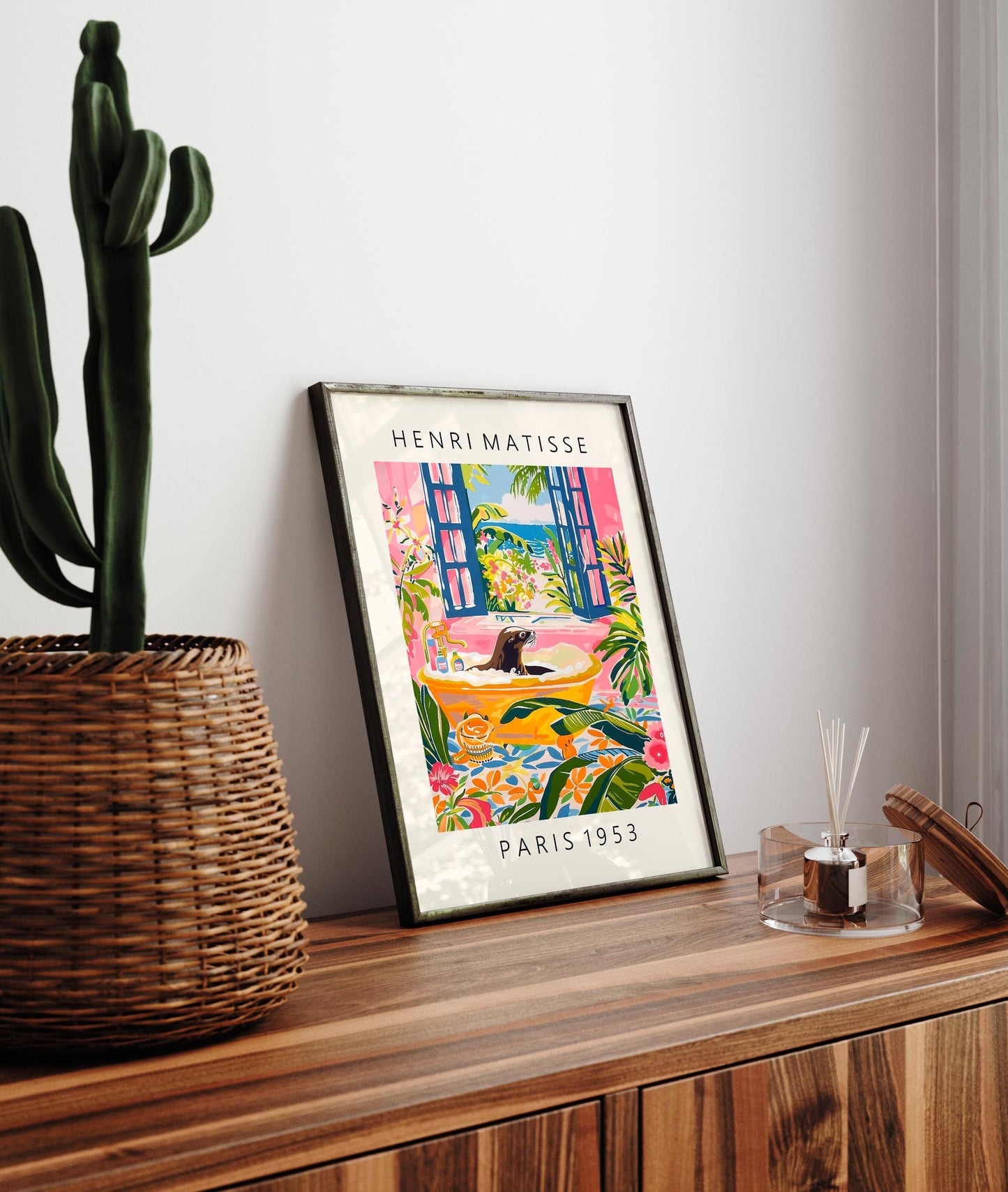 Sea lion in bathtub funny poster, Matisse art, Pink tropical decor, Bathroom wall art, Beach house print