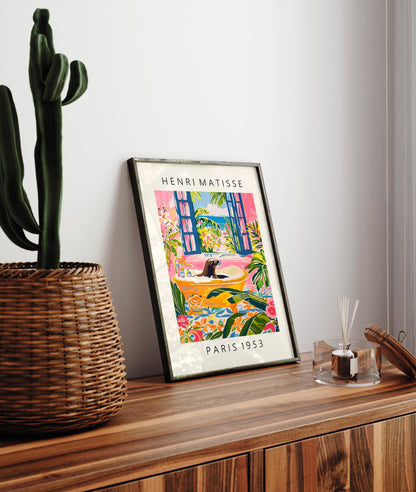 Sea lion in bathtub funny poster, Matisse art, Pink tropical decor, Bathroom wall art, Beach house print