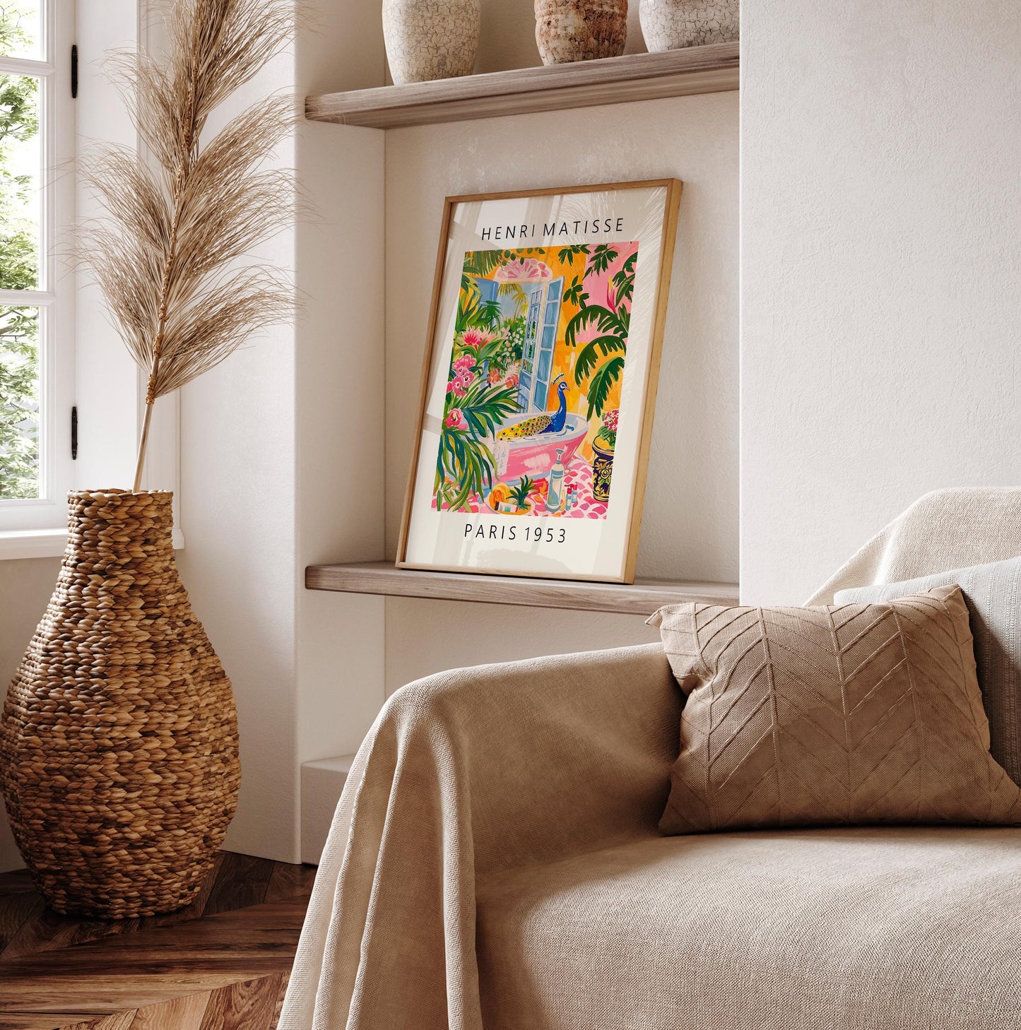 Peacock in bathtub art print, Pink maximalist decor, Matisse poster, Tropical print, Bathroom wall art, Bird art print