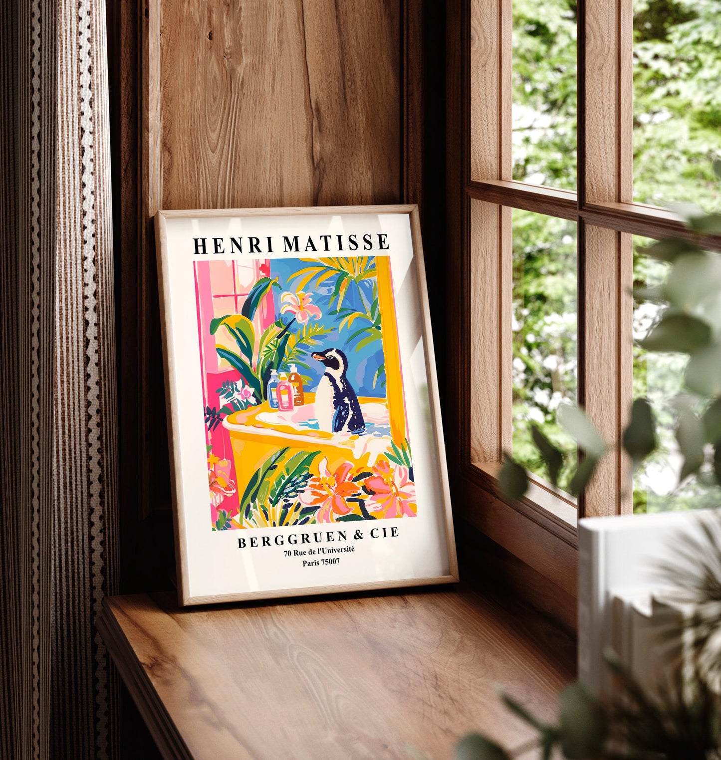 Penguin in bathtub poster, Matisse art print, Pink maximalist decor, Tropical print, Bathroom wall art, Bird art print