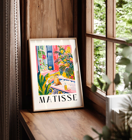 Otter in Bathtub Art Print: Matisse Style Tropical Bathroom Decor