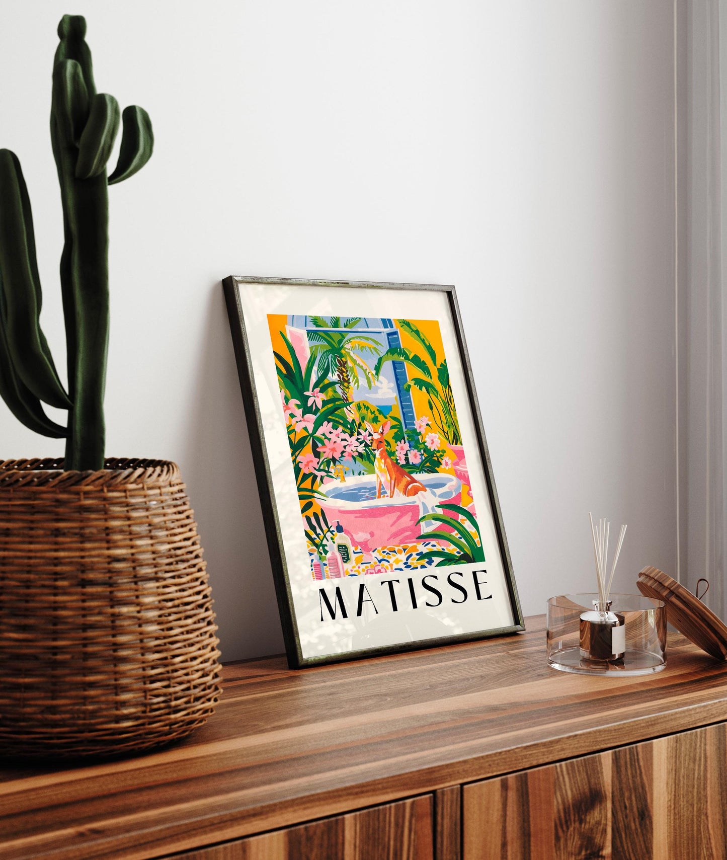 Kangaroo in bathtub art print, Maximalist decor, Henri Matisse art, Pink tropical bathroom decor, Animal art print