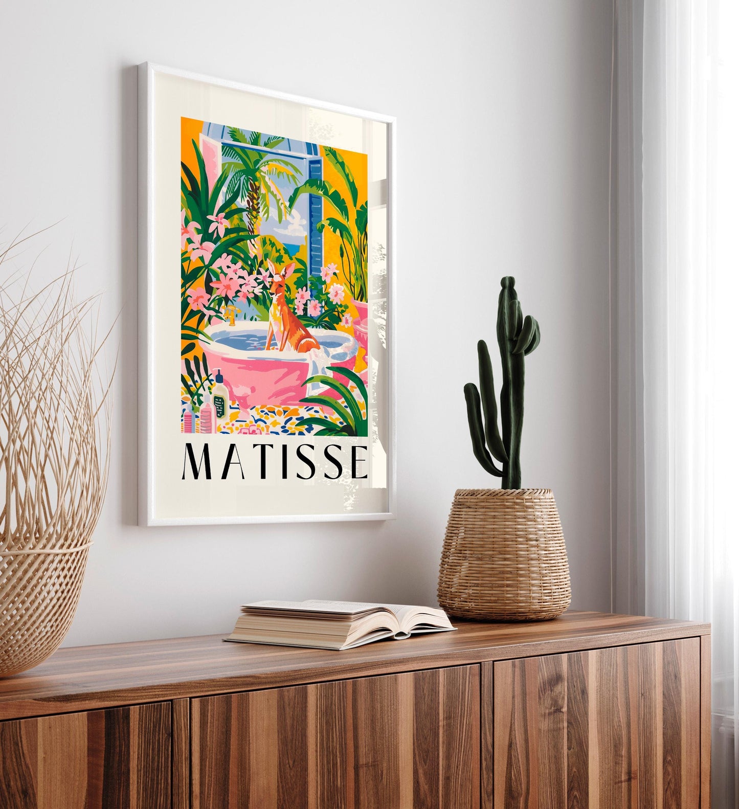 Kangaroo in bathtub art print, Maximalist decor, Henri Matisse art, Pink tropical bathroom decor, Animal art print