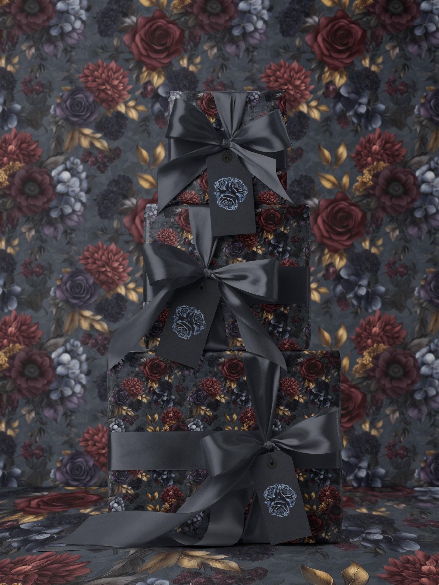 Moody Flower Wrapping Paper Dark Floral Gift Wrap Dark Academia Decor Gothic Gift Wrap Winter Flower Print Drawer Liner Paper Gift for Mom
