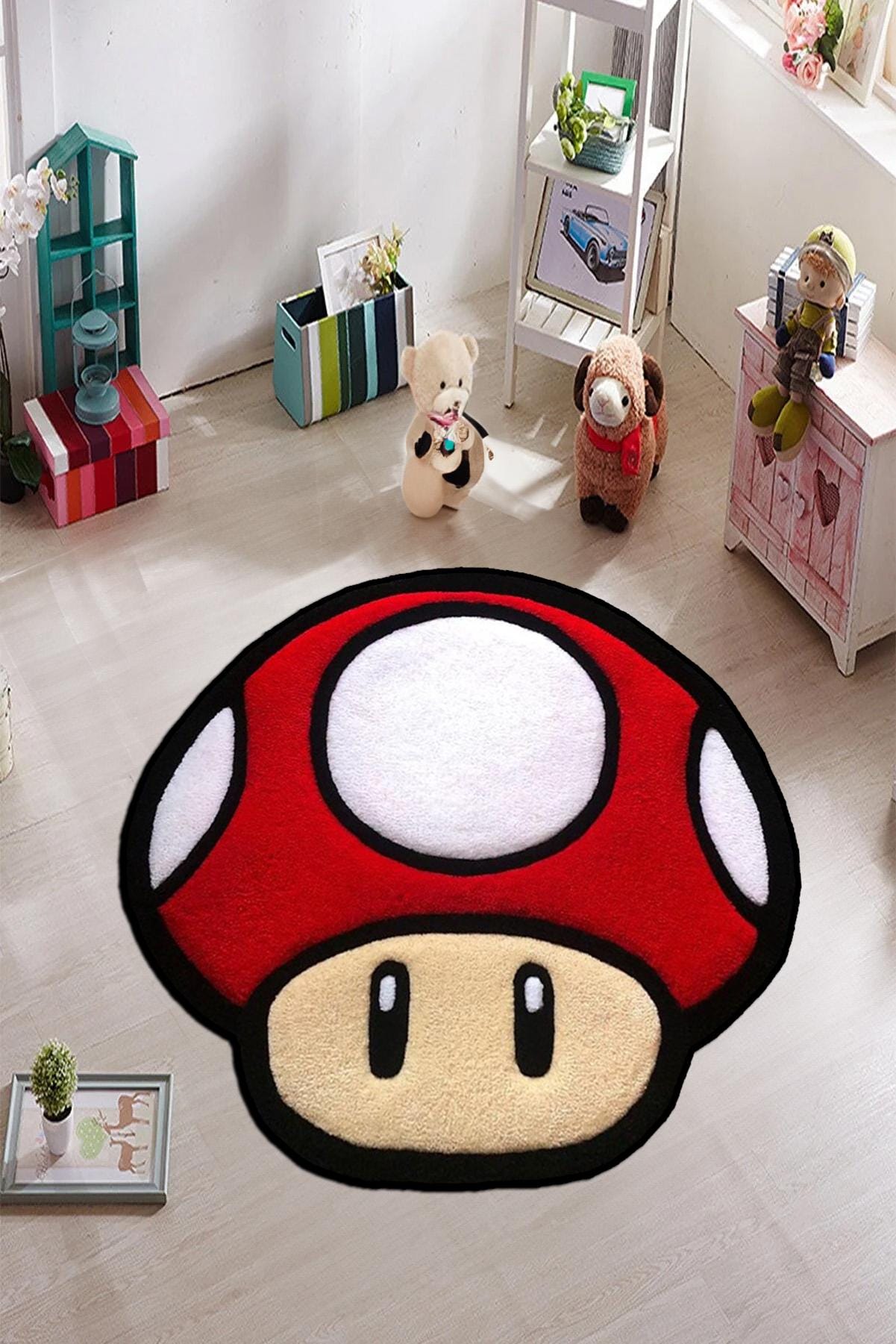 red mushroom rug, toad rug, retro game area rug, gaming room decor, M-ario rug, mushroom rug, custom rug,Halloween gift,Christmas gift rug