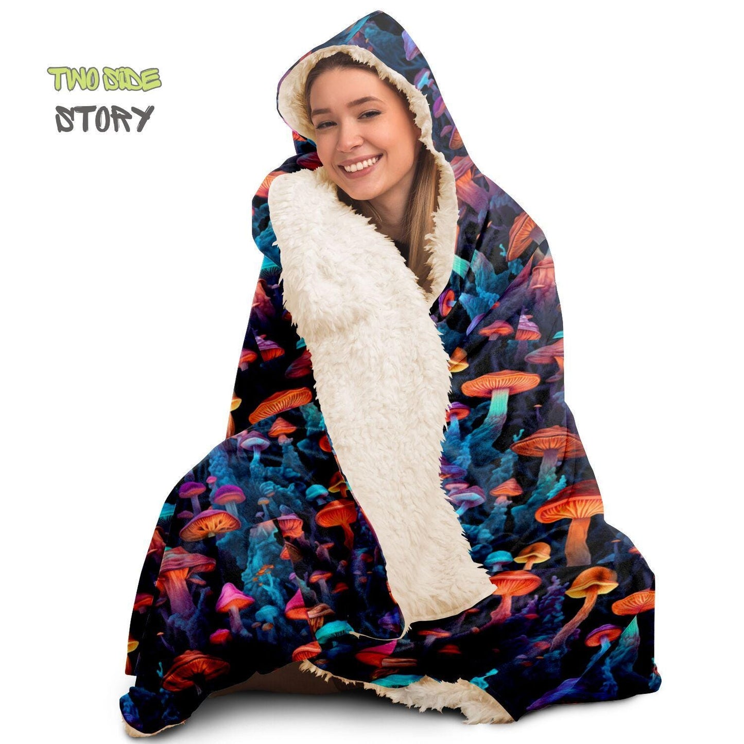 Micro-fleece Psychedelic Mushrooms Hooded Cloak,Psychedelic Clothes,Festival Rave Party Wear,Festival Cape,Psychedelic Cape,Wearable Blanket