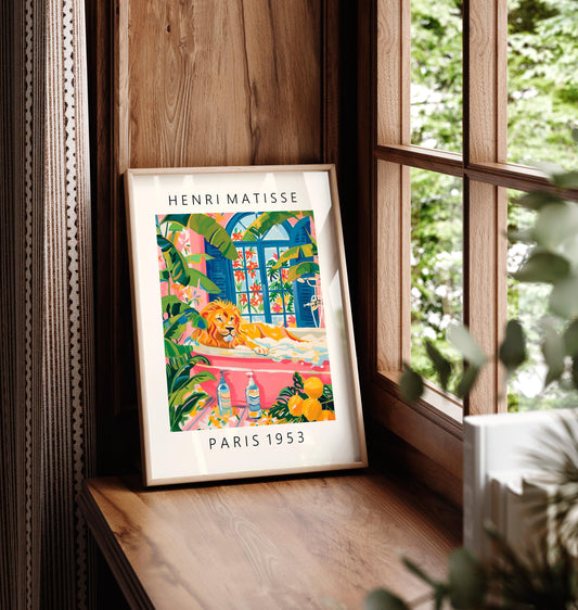 Lion in bathtub poster, Matisse poster, Pink bathroom decor, Animal wall art, Funky decor, Safari art print