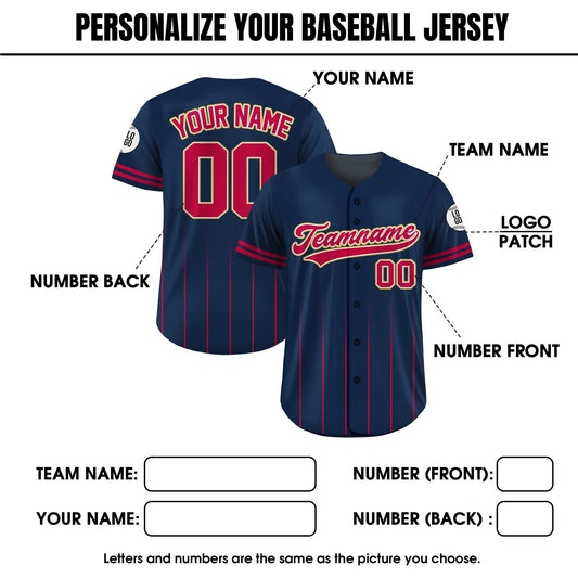Custom Baseball Jersey with Team Name Number, Jersey Shirt for Men Women Youth Kid, Gifts for Baseball Fans Gradient Pinstripe Navy Red