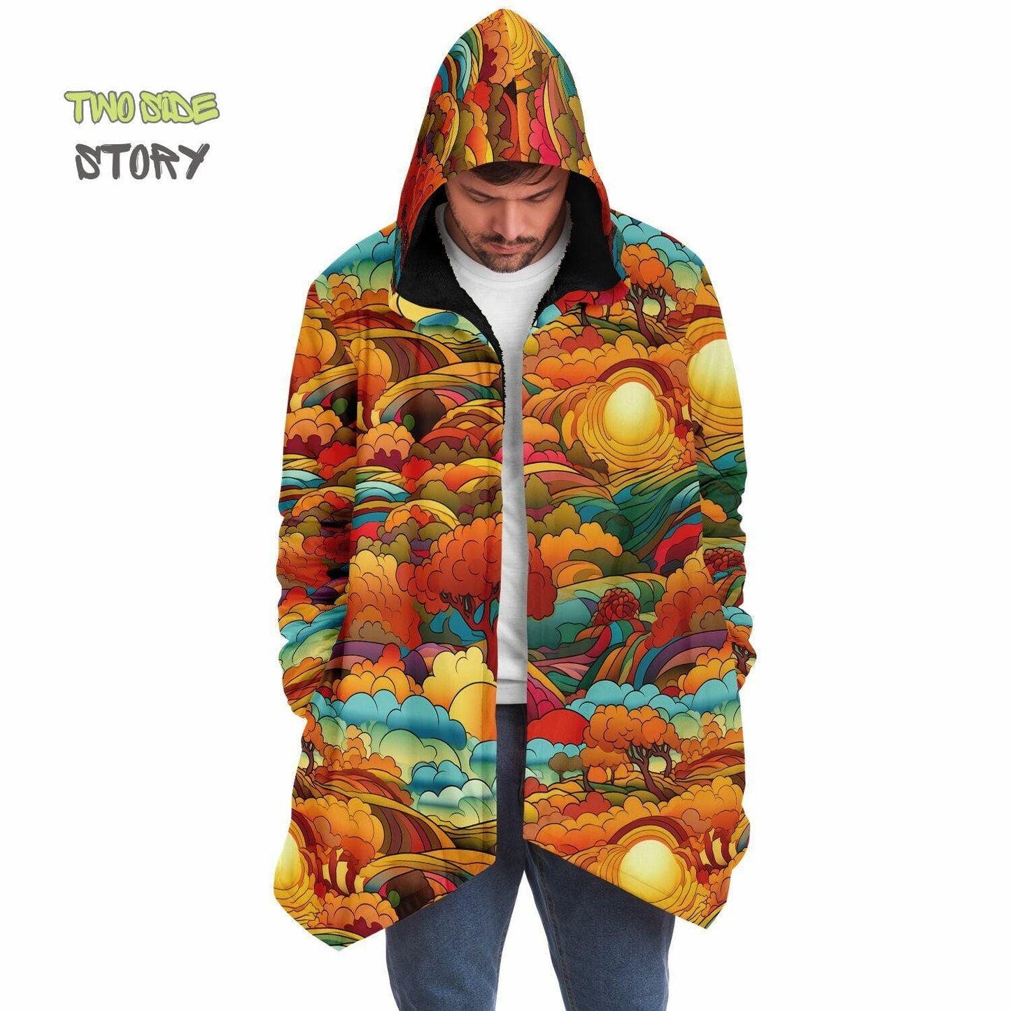 Vivid Colors Micro-fleece Psychedelic Forest Hooded Cloak, Festival Rave Party Wear, EDM Festival Cape, Psychedelic Cape, Men's Rave Cape