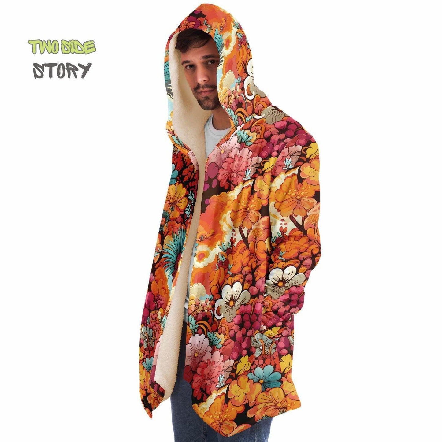 Micro-fleece Psychedelic Forest Printed Hooded Cloak,Festival Rave Party Wear,EDM Festival Cape, Psychedelic Cape,Vivid Colors Men Rave Cape