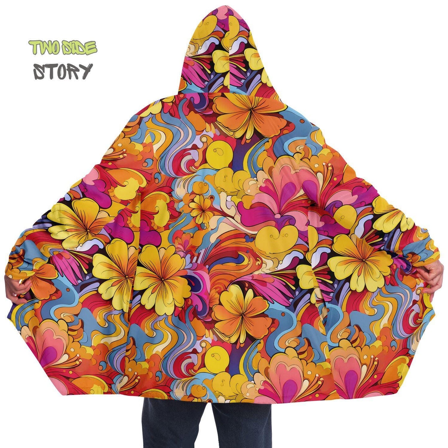 Psychedelic Forest Printed Hooded Cloak,Micro-fleece Festival Rave Party Wear,EDM Festival Cape, Psychedelic Cape,Vivid Colors Men Rave Cape