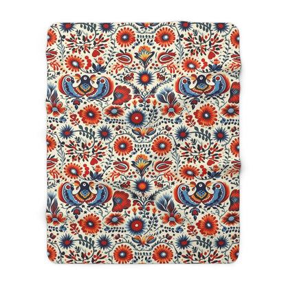 Polish Garden Songbirds Sherpa Fleece Blanket | Polska Birds and Floral Sherpa Fleece Blanket | Housewarming Gift | Warm Sherpa Blanket