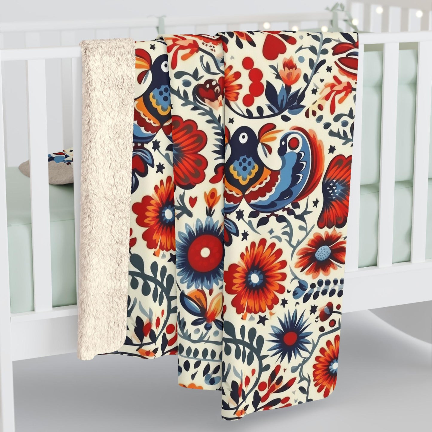 Polish Garden Songbirds Sherpa Fleece Blanket | Polska Birds and Floral Sherpa Fleece Blanket | Housewarming Gift | Warm Sherpa Blanket