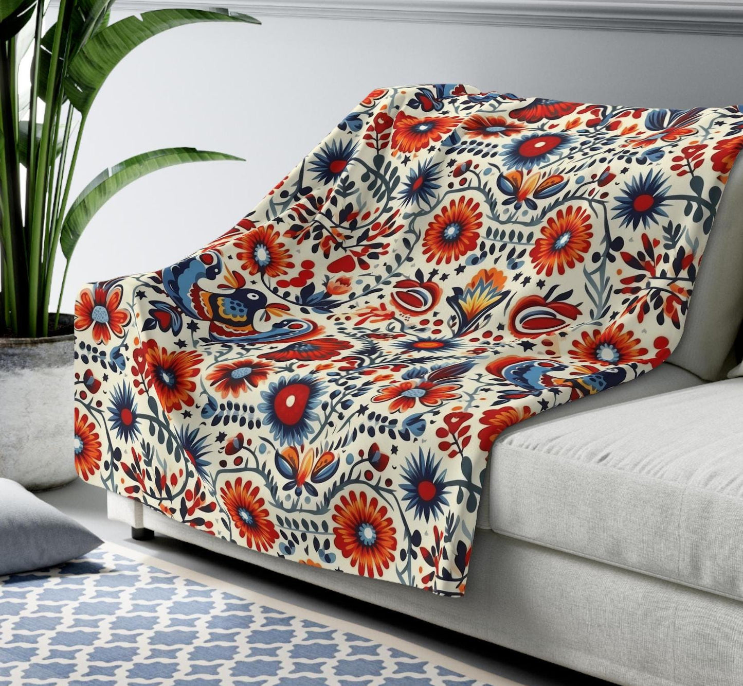 Polish Garden Songbirds Sherpa Fleece Blanket | Polska Birds and Floral Sherpa Fleece Blanket | Housewarming Gift | Warm Sherpa Blanket