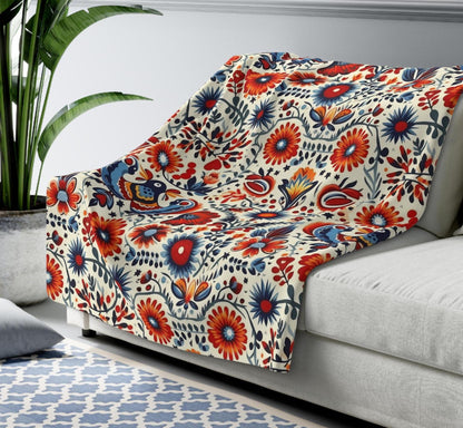 Polish Garden Songbirds Sherpa Fleece Blanket | Polska Birds and Floral Sherpa Fleece Blanket | Housewarming Gift | Warm Sherpa Blanket