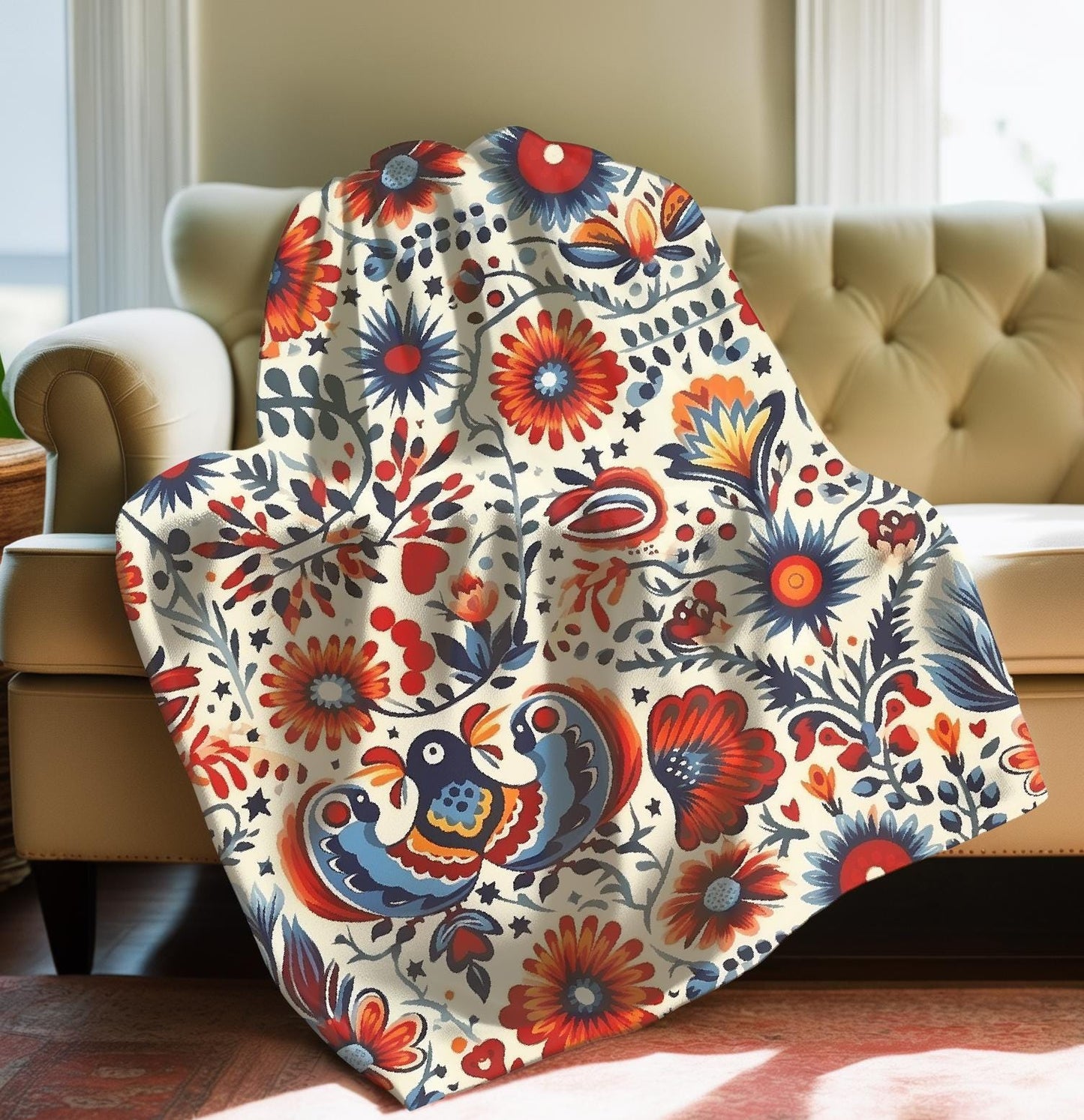 Polish Garden Songbirds Sherpa Fleece Blanket | Polska Birds and Floral Sherpa Fleece Blanket | Housewarming Gift | Warm Sherpa Blanket