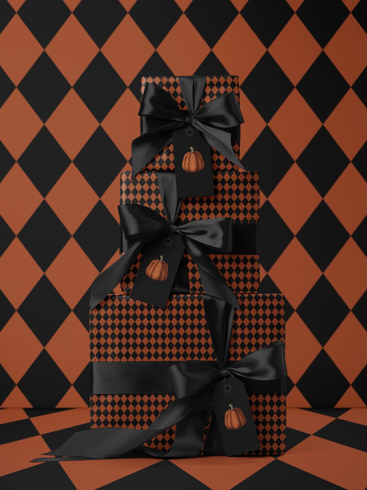 Halloween Wrapping Paper Fall Gift Wrap Orange and Black Paper Harlequin Design October Birthday Gift Wrap Roll Autumn Wrapping Paper Print