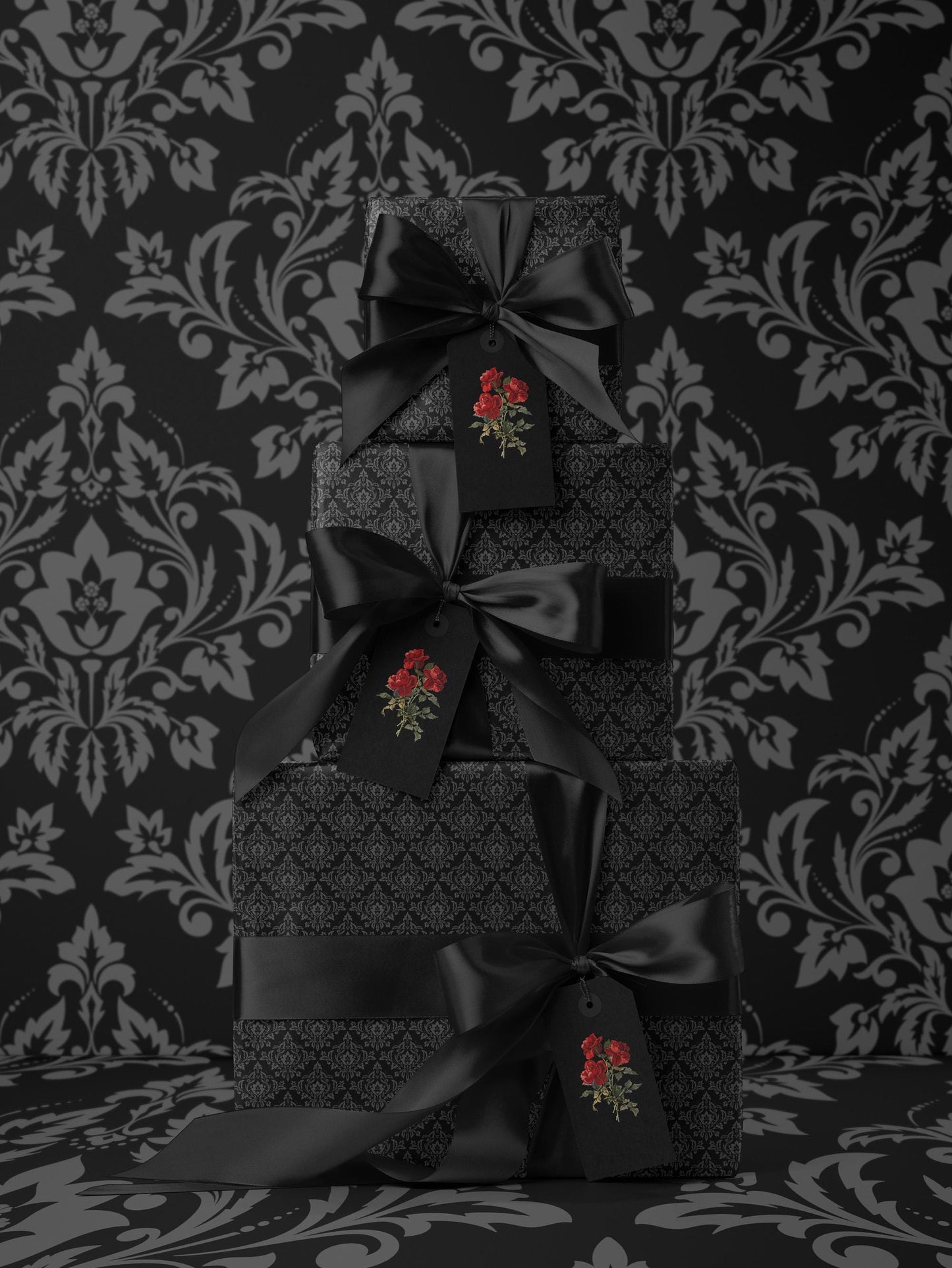 Gothic Gift Wrap Black Wrapping Paper Damask Decor Dark Moody Wrapping Paper Xmas Gift Wrap Paper Elegant Halloween Gift Christmas Party