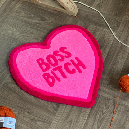 Heart-Shaped Rug “Boss Bitch” – Funny Pink Statement Carpet – Bold Feminist Gift – Handmade Tufted Mat for Bedroom, Office or Dorm Decor
