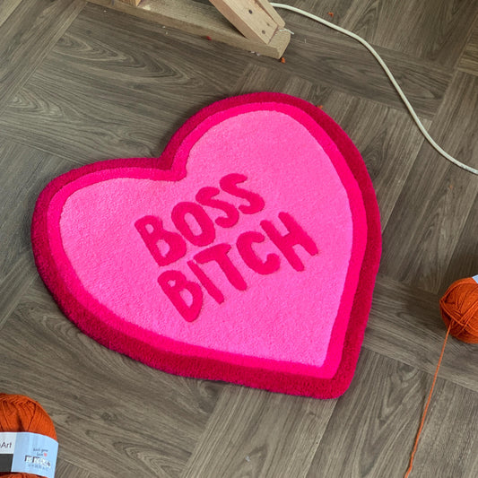 Heart-Shaped Rug “Boss Bitch” – Funny Pink Statement Carpet – Bold Feminist Gift – Handmade Tufted Mat for Bedroom, Office or Dorm Decor