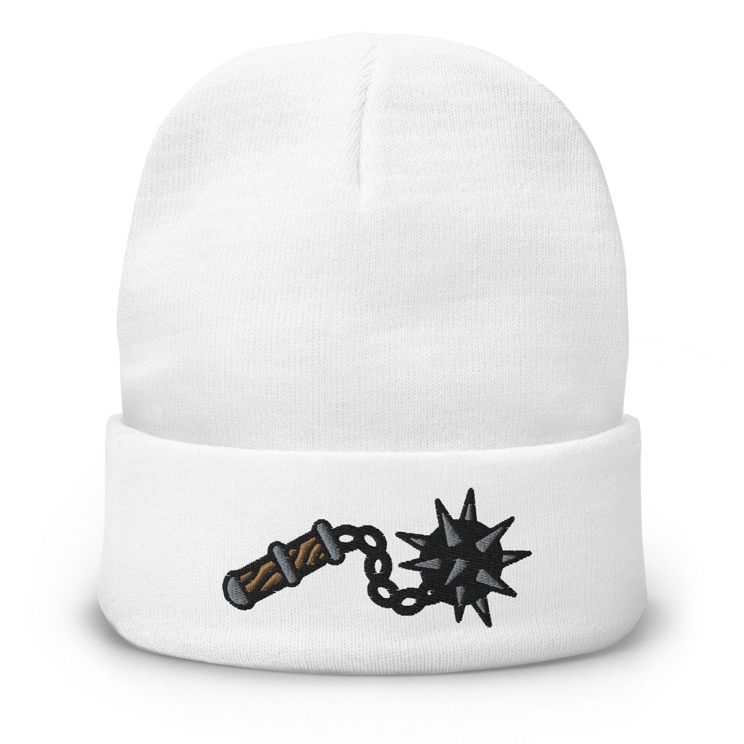 Ball and Chain Flail Beanie, Traditional Tattoo Beanie, Tattoo Inspired Clothing, Embroidered Beanie, Medieval Weapon, Gothic Style