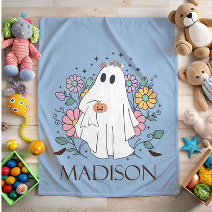 Custom Cozy Halloween Ghost Blanket, Personalized Name Gift with Cute Floral Design, Perfect for Fall Decor Gifts, halloween blanket