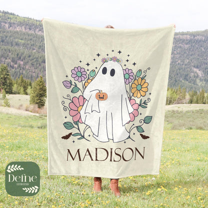 Custom Cozy Halloween Ghost Blanket, Personalized Name Gift with Cute Floral Design, Perfect for Fall Decor Gifts, halloween blanket