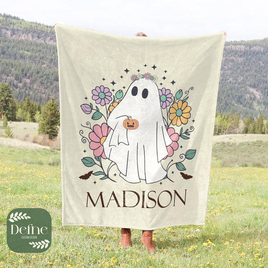 Custom Cozy Halloween Ghost Blanket, Personalized Name Gift with Cute Floral Design, Perfect for Fall Decor Gifts, halloween blanket
