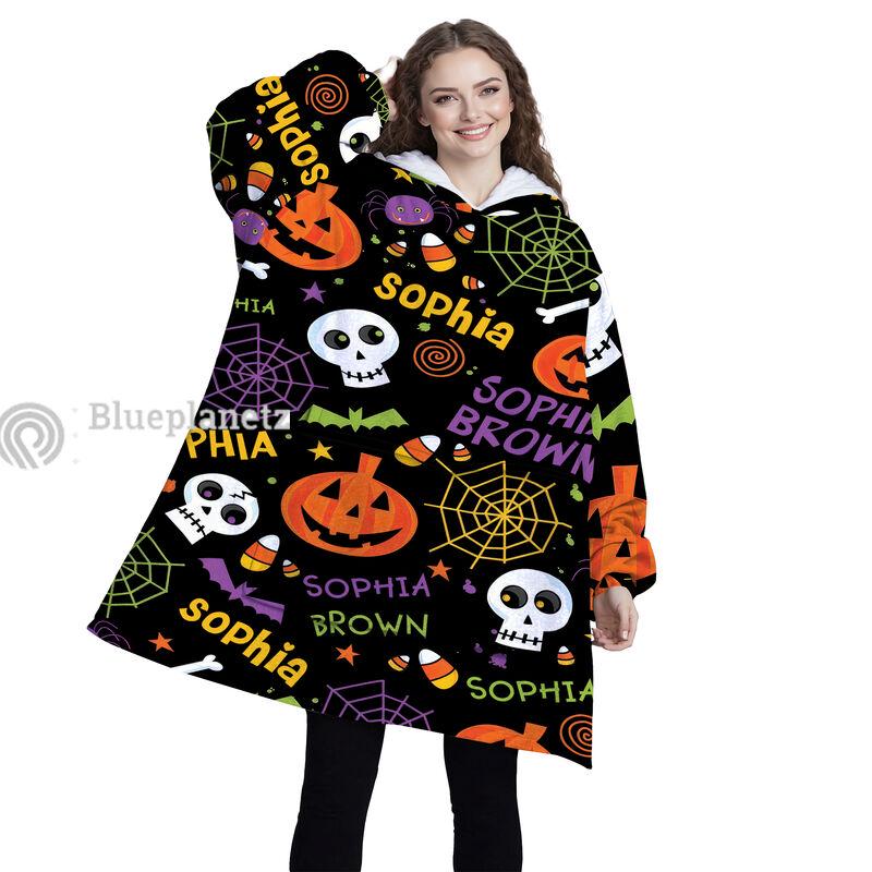 Personalized Wearable Hoodies Blanket, Custom Name Halloween Pattern Hoodie Blanket, Custom Halloween Oversized Blanket, Gift